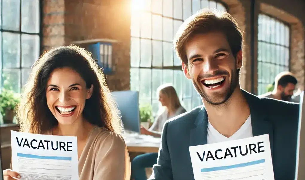 Twee enthousiaste jonge professionals glimlachen terwijl ze een vacatureblad vasthouden op een modern kantoor, met computers, zonlicht en collega’s op de achtergrond. Twee enthousiaste jonge professionals glimlachen terwijl ze een vacatureblad vasthouden op een modern kantoor, met computers, zonlicht en collega’s op de achtergrond.